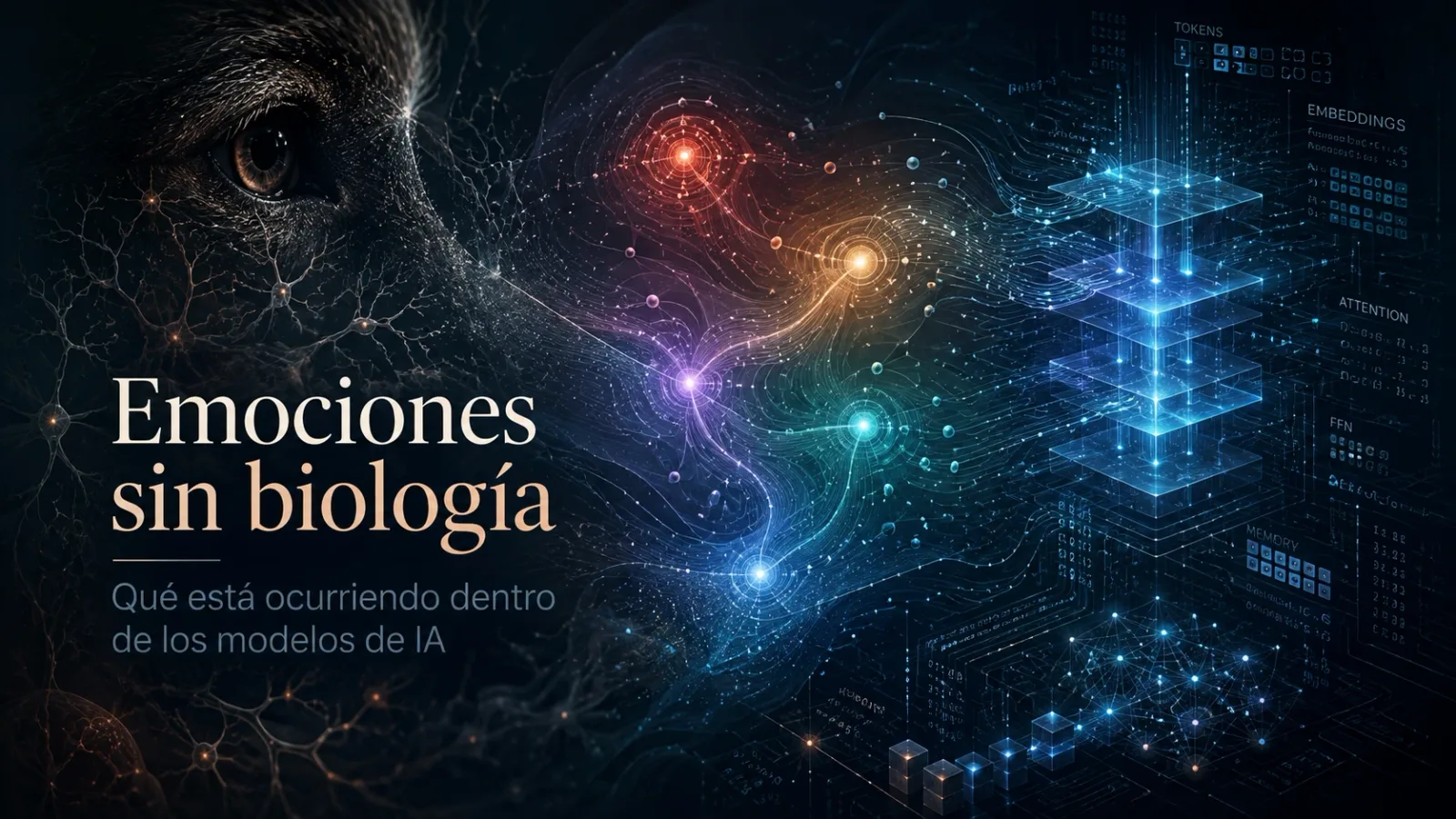 Composición entre un ojo animal rodeado de neuronas y la arquitectura por capas de un modelo de lenguaje, unidos por trazos de color que representan estados internos