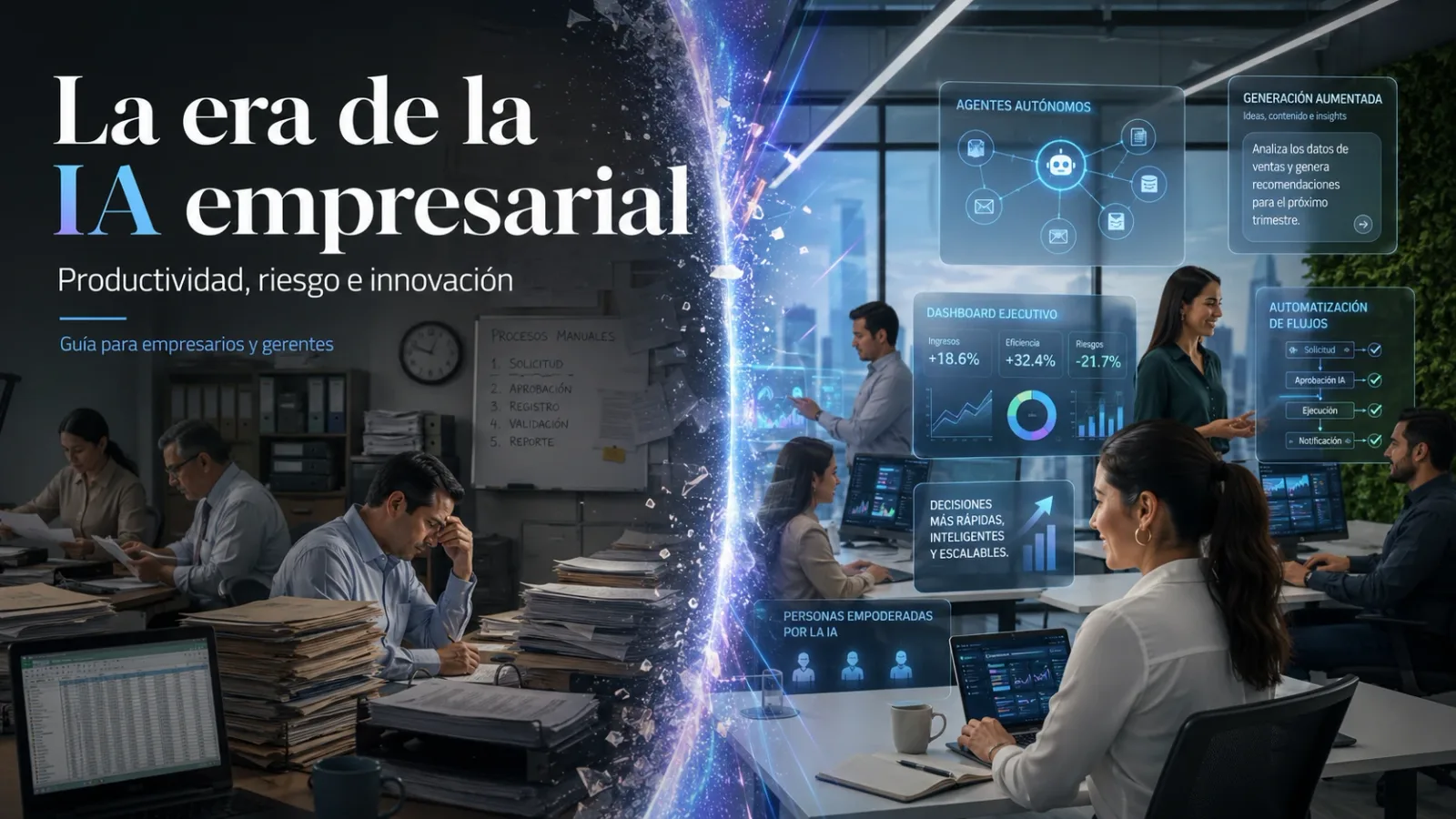 Una oficina partida en dos por un destello: a la izquierda personas rodeadas de pilas de papeles y procesos manuales anotados en una pizarra; a la derecha el mismo equipo trabajando con paneles digitales de indicadores, flujos automatizados y asistentes de inteligencia artificial