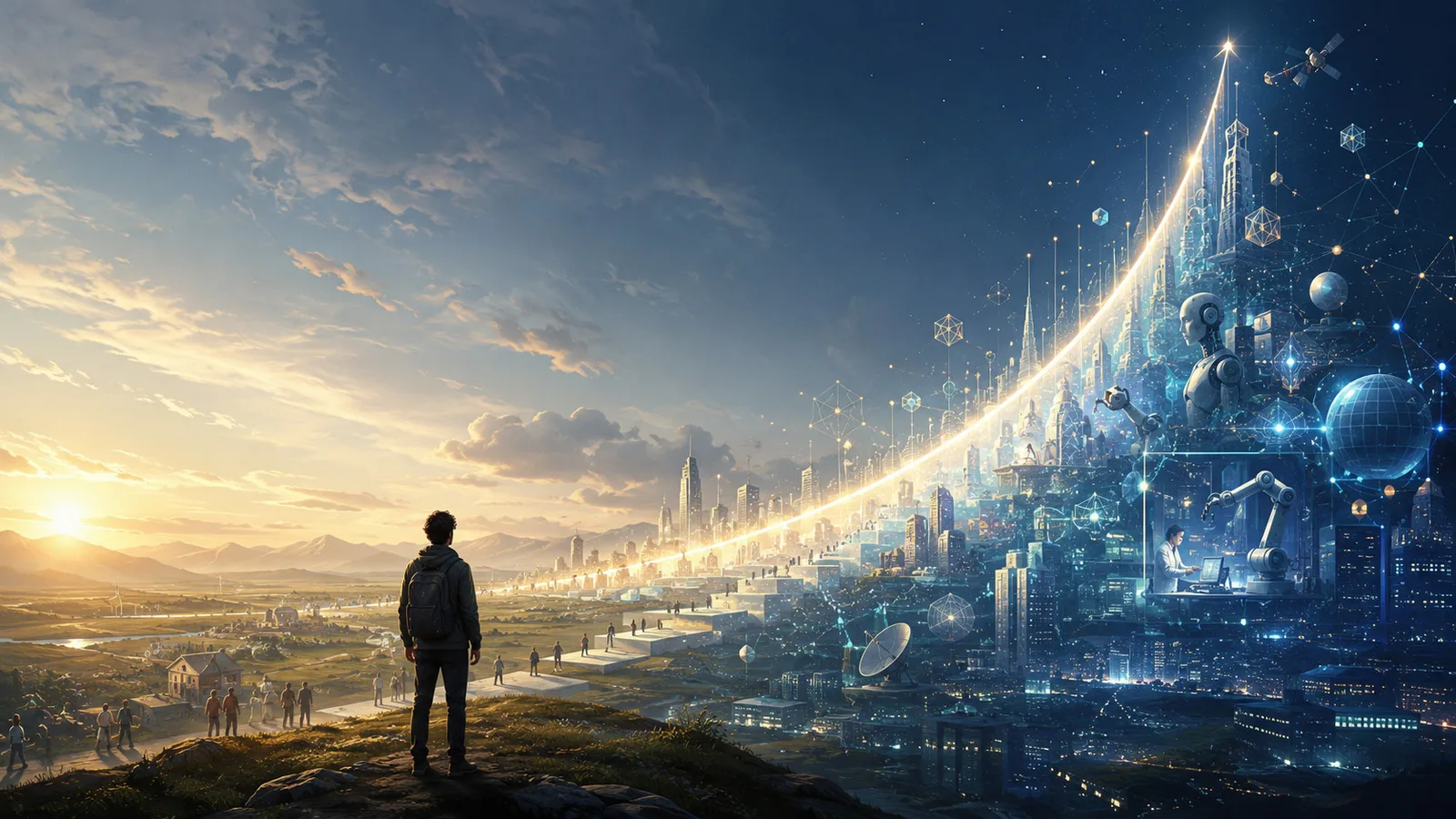 Una persona sobre una colina al amanecer observa una curva luminosa que asciende desde un valle rural con casas y gente, cruza una ciudad moderna y remata como flecha hacia las estrellas en una metrópolis futurista de máquinas, robots y redes de datos
